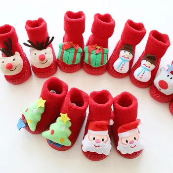 0-24M Crăciun Copil Nou-născut Sosete Cu Talpa din Cauciuc de Iarna bebe Etaj Pantofi Anti-Alunecare, Moale Piele naturala de Anul Nou Șosete