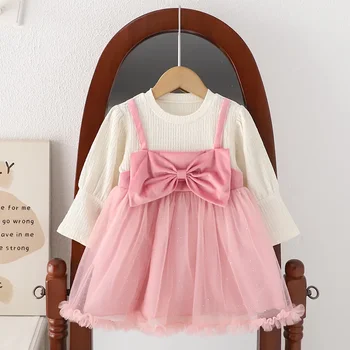 0-3T Copil Fete Dress Fată Nou-născut cu Maneci Lungi din Dantela de Partid Rochii de Mireasa Cu Funda Mare Copil Fata Rochie de Printesa 10