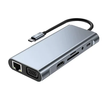 11 in 1 C HUB USB Dock Station cu 4K Compatibil HDMI, VGA, USB3.0, Ethernet RJ45, SD/TF Card Reader pentru MacBook Pro 14