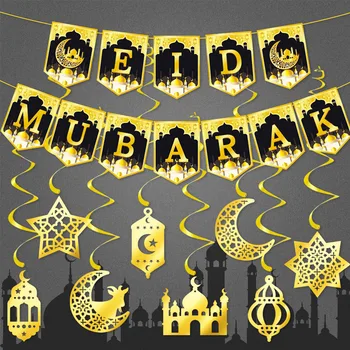 1Set Eid Spirală Decor 2024 Aur Negru Eid Mubarak Spirală Banner Islamic Festival Petrecere Agățat panza de Paianjen Pandantiv Provizii pentru Acasă 10