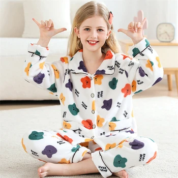 2 BUC Copiii se Ingroase Cald Pijamale Flanel Toamna Iarna pentru Copii Baieti Fete Desene animate cu Maneci Lungi Rever Îmbrăcăminte Seturi de Pijamale Pijamale 3