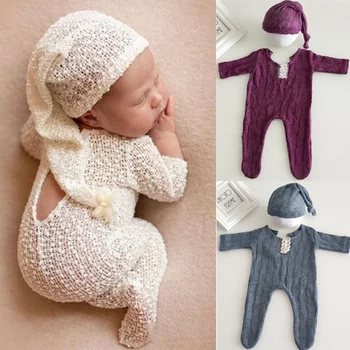 2 buc Nou-născut Recuzită Fotografie Costum Romper + Hat Set Maneca Lunga, Salopete Body Manual Tricot Tinuta de Îmbrăcăminte pentru Sugari Duș 7