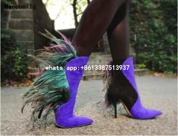 2017 Moda Violet Din Piele De Femei A Subliniat Toe Glezna Cizme Lungi Pene Partea Impodobita Doamnelor Cizme Scurte Pantofi De Partid 20
