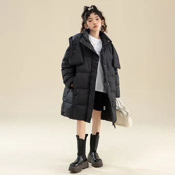 2023-Coreean Iarna Copii Fată Lung Jos Jacheta Elementar Fata Cu Gluga Îngroșa Cald Sacou În Jos Fată Școală În Haine De Iarnă