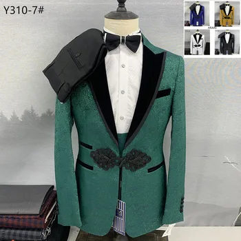 2023 Haina Pantaloni Design Ultimele 3 Piese Slim Fit Set De Sacou Jacard Pentru Bărbați Costume Pentru Bărbați Oficiale De Partid Fracul Sacou Costum Verde Homme 2