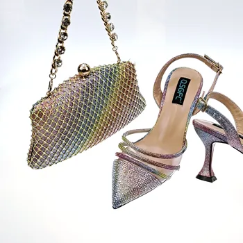 2023 Moda Stralucitoare de Diamant Full Decor În Nigeria Elegant Colorate Doamnelor Pantofi si Geanta Pentru Petrecerea de Nunta 38-43 8cm 15