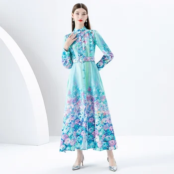2023 noua moda elegant rochie de petrecere margine ondulată larg fusta lungă epocă acuarelă rochie de imprimare