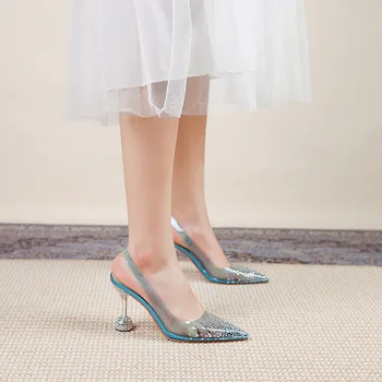 2023 Sandale de sex Feminin Pantofi Tocuri inalte Superficial Gura de Mari Dimensiuni Noi Fetele Plastic Bej Moda Închis Confort cu toc Înalt Sexy Poi 17