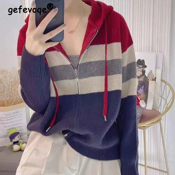 2023 Toamna Iarna Femei coreeană de Moda cu Dungi Mozaic Fermoar Pulover cu Gluga Liber Casual cu Maneci Lungi Tricotate Cardigan Strat 3