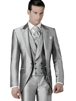 3Pcs Om Costum Slim Fit Tailor-made din Argint Sacou Pantaloni de Satin Lucios Om Fracuri Sacou+Pantaloni+Vesta Personalizate Nunta Costum Set 12