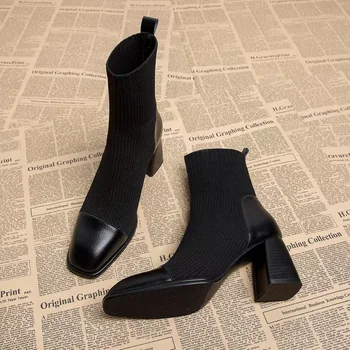 Alb Cizme Glezna Cizme pentru Femei Încălțăminte de Iarnă de Toamnă Pantofi Low-Med 2023 Ciorapi de Cauciuc Doamnelor Rock Toc PU Lace-Up Solid 13