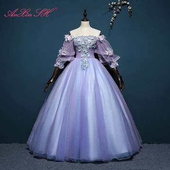 AnXin SH princess dantela mov barca gât flare sleeve ștrasuri din mărgele de cristal vintage etapă mireasa violet minge rochie de flori rochie de seara