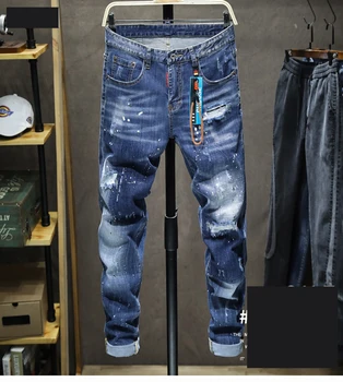 Barbati blugi de moda streetwear Punk calca rock motocicleta rupt tipărite mens slim jeans 21