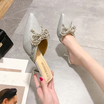 BCEBYL Noi Subliniat Toc Stiletto Funda Stras Decorare de Moda pentru Femei Pantofi Superficial Gura Sexy, Elegante, cu toc, Papuci 2