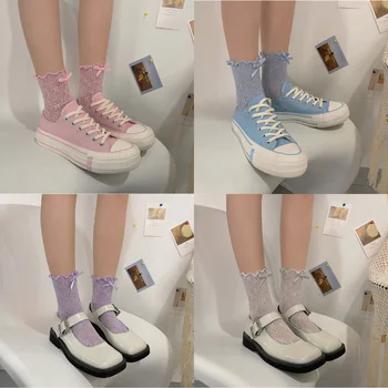Bomboane Culori Dantela Femei Vara Șosete de Moda coreeană Plasă Fishnet Ciorapi JK Lolita Bowknot Dulci Fete Kawaii Drăguț Frilly Șosete
