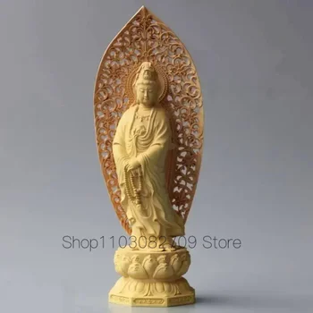 BUN Avalokitesvara Asia ACASĂ protecție Spirituală să Binecuvânteze familia # Handmade Galben pere sculptură în lemn de Lotus Guanyin statuie a lui Buddha 17