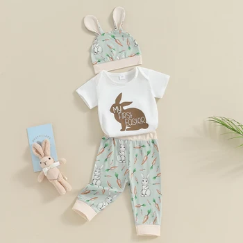 Băiețelul De Paști Haine Cu Maneci Scurte Bunny Grafic Romper Pantaloni Hat Set De Haine Pentru Sugari 15