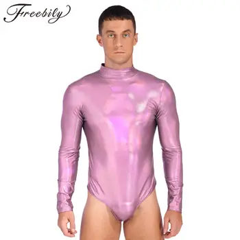 Bărbați dintr-O bucata, Costume de baie Metalic Strălucitor Mock Neck Mâneci Lungi Bodysuit pentru Scăldat Yoga, Dans Clubwear de sex Masculin de Gimnastica Tricouri 6