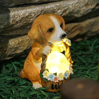 Catelus Drăguț Coș Statuie Cu Lumina Solara Figurine Câine Rășină De Gradina Decorative Pentru Terasa, Curte Gazon Verandă În Aer Liber 3