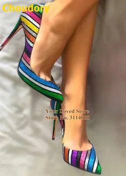 Choudory Rainbow Stripe Pantofi cu Toc Bling Bling Paiete Paillette Nunta Iaduri Slip-on a Subliniat Toe Pantofi de Partid Size45 12cm 5