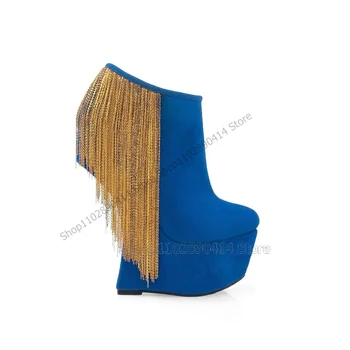 Ciucuri De Aur Ciudat Stil Tocuri Albastru Platforma Glezna Cizme Alunecare Pe Pantofi Pentru Femei De Moda De Petrecere Banchet 2023 Zapatos Para Mujere