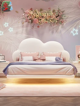 Cloud copil pat Fată Prințesă pat de o Fata din piele dublu tăiate plutitoare Dormitor cu pat moale, pat din lemn masiv 9