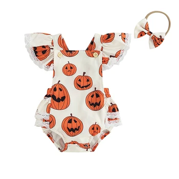 Copilul Fete 2 buc Costume de Halloween Dovleac de Imprimare Zburli Romper cu Headband Set Haine Nou-nascuti 2