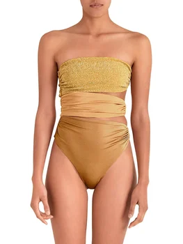 De Aur Fara Bretele, Top Elegant Bikini Gol Dintr-O Bucata De Costume De Baie Cu Talie Înaltă Spate Deschisă Sexy S-Au Adunat Costume De Baie Push-Up 2022
