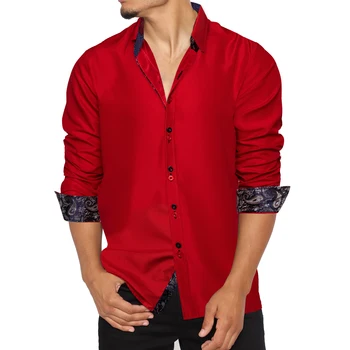 DiBanGu Barbati Tricou Maneca Lunga Rosu Solid Blue Paisley Contrast de Culoare de Moda Dress Shirt pentru Bărbați Buton-jos Guler Barbati Haine 9