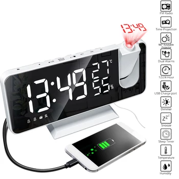 Digital de Proiectie Ceas cu Alarmă de Temperatură și Umiditate Monitor Radio FM Încărcător de Telefon de Afișare cu LED Oglinda Suprafata Hygrothermograph 5