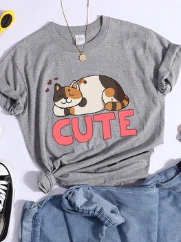 Drăguț Pisica Doarme Desene Animate De Imprimare T-Shirt Femei De Moda Casual, Tricouri Strada Hip Hop Topuri De Vara Personalitate Culturilor Sus 4