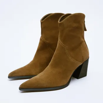 Femei Cizme cu Toc Denim Glezna Cizme 2023 Moda de Iarnă a Subliniat Deget de la picior Toc Toc Gros Pantofi pentru Femei Maro Glezna Cizme 20