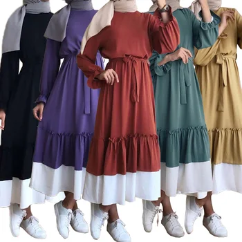 Femei Maneca Lunga Volane Musulman Swing Maxi Rochie Plisată Niveluri De Semnalizare Tiv Culoare Solidă Vrac Abaya Hijab Rochie Islamic Vestidos 14