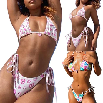 Femei Vara 2 BUC Bikini Seturi fără Mâneci Agățat de Gât Sutien + Inima de Imprimare Lega Tanga 5