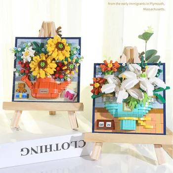 Flori de Blocuri de Constructii Buchet cu Șevalet Decorațiuni 3D Model de Buchet de Floarea-soarelui a Crescut Brick Toy Plante Ghiveci DIY Ghiveci Cadou 17