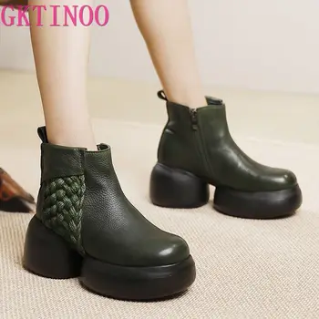 GKTINOO Piele naturala Pantofi Glezna Cizme pentru Femei 2023 Nou Toamna Iarna Plat Cu Toe Rotund Zip Țese Manual Cizme cu Platforma 21