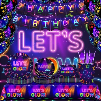 Glow În Întuneric Petrecere Tacamuri Colorate Cani Farfurii Banner Baloane Neon Glow Petrecere Disco Decor Nunta Consumabile 11