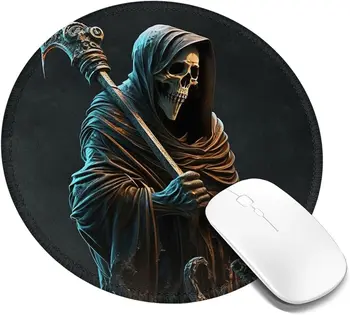 Grim Reaper cu Scyth Craniu Mouse Pad Anti-Alunecare de Cauciuc Rotund Mousepad cu Marginea Cusute pentru Casa, Cadouri Birou 7.9 X 7.9 Inch