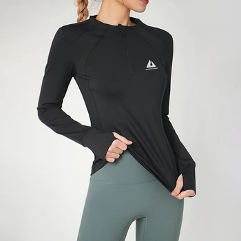 Gât rotund haine sport femei strans de fitness de funcționare de top cu mâneci lungi iute uscat Slim cu fermoar yoga haine de toamna si iarna 21