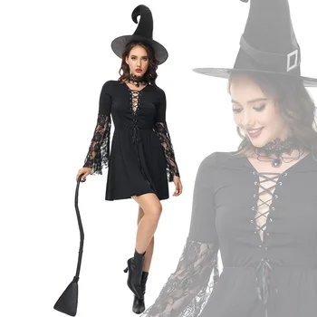 Halloween Cosplay Vrăjitoare Adult Negru Decupaj Dantela, Costum De Vrăjitoare 16