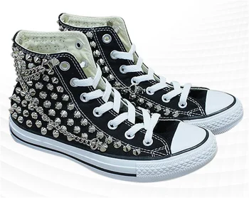 High-top curea lanț nit sport pantofi de panza negru pantofi de mers pe jos confortabil manual nituri neutru vulcanizat pantofi 35-46 9