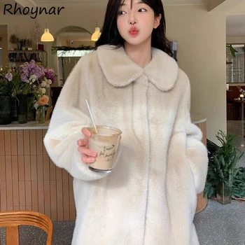 Jachete Femei Peter Pan Guler Faux Blana De Pluș Coreea Style Moda Vrac Solid Simplu De Agrement Doamnelor Strat Mai Gros De Iarna Cald