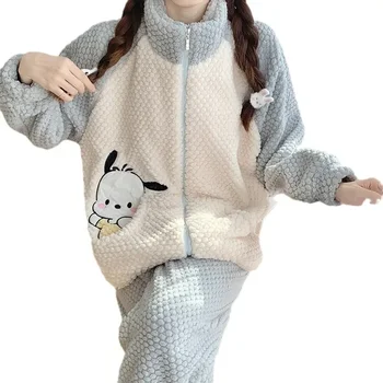 Kawaii Pochacco Pijamale Sanrios Anime Fată Drăguță Coral Fleece Îngroșa Ține De Cald Trening Dulce Pijama Pantaloni Set De Două Piese Noi 13