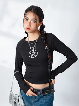 Kimydreama Femei Montate De Bază T-Shirt Cu Maneca Lunga Topuri De Cultură La Modă Star Print Slim Fit Bluza Gotic Ies Topuri