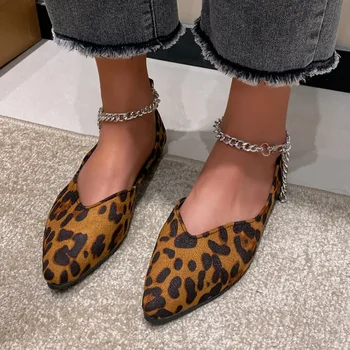 Leopard de Imprimare Pantofi Plat pentru Femei 2024 Primăvară a Subliniat Toe Femei Pantofi de Mers pe jos în aer liber Curea Glezna Talpa Moale Femei Singure Pantofi