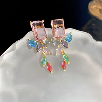 MENGJIQIAO coreea Moda Dulce Roz Pătrat Cristal Legăna Cercei Pentru Femei Fata de Frunze Colorate Ureche Pendientes Set de Bijuterii