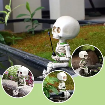 Mini Skeleton Figurine Amuzante Pescuit Craniu Ornament pentru Iaz Fântână cu Cascade la Piscină, Birou de Decor Halloween Decor K1S3 6