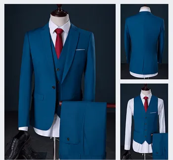 Moda pentru bărbați Lacul albastru costume Formale Rochie de Afaceri Costume Slim Fit Barbati Sacouri 3 piese costume de Nunta Mirele Petrecere Bal Fracuri 18