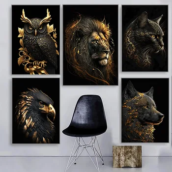 Moderne, Abstracte, Animale Panza Pictura Negru și Auriu Lei Tigru, Vultur Postere, Printuri de Arta de Perete Poze Decor Acasă Nici un Cadru 8