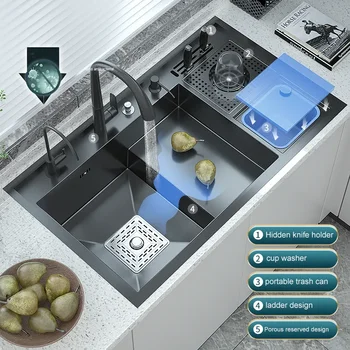 Nano Cupa mașină de Spălat Chiuveta Mare, Single-slot Bucătărie Manual Scara chiuveta Multi-funcțional, de Înaltă Și Joasă Gunoi Cu Cuțitul Holde' 1